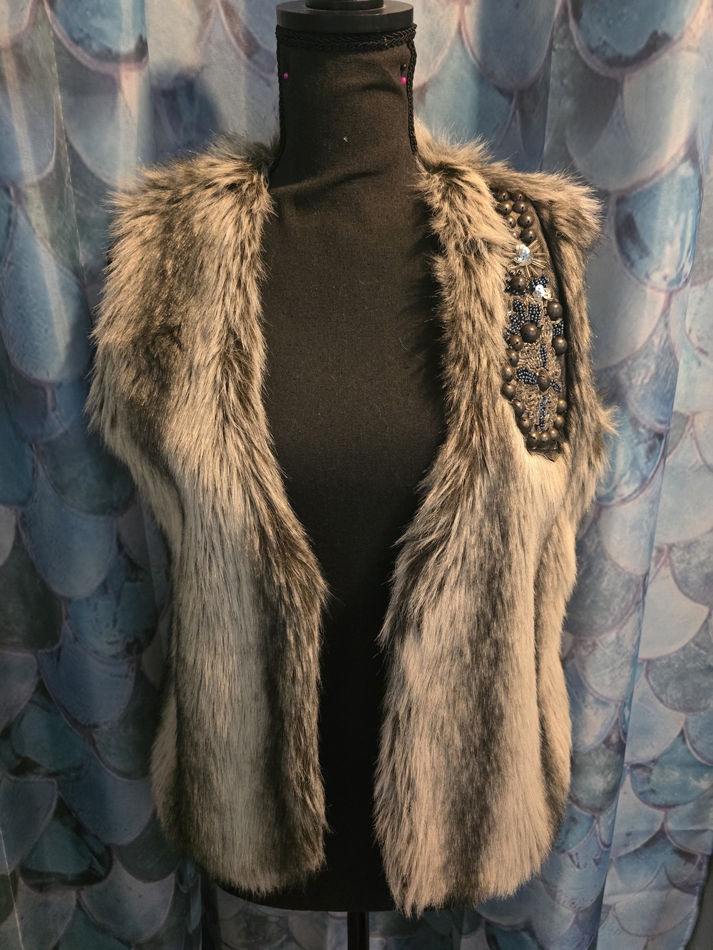 Faux Fur Vest with Beaded Shoulder Accent - Taupe Mix
